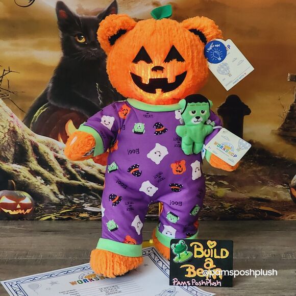Build A Bear Pumpkin Glow Jack O'Lantern Halloween Frankenstein Sleeper Plush - Picture 2 of 16